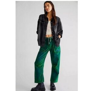 We The Free People Moxie Low Slung Flocked Pull-On Barrel Jeans Green 30